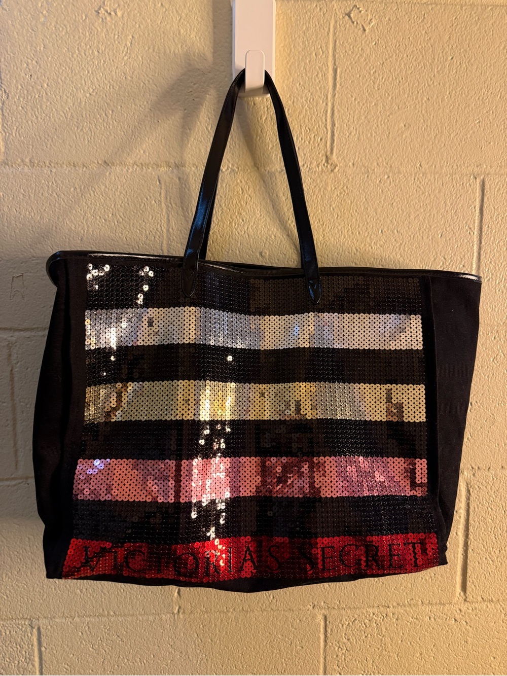 Victoria's Secret Black Tote with Gold, Silver, Pink & Red Sequin Stripes